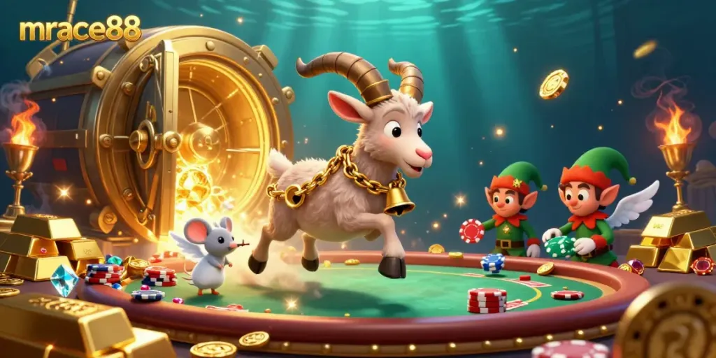 Engage with mrace88's festive casino featuring Krampus and chaotic elf gremlins amidst rich treasures and gambling excitement.