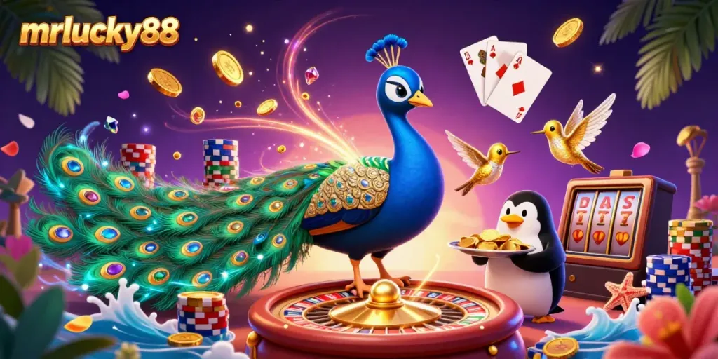 Experience exciting gaming action with mrlucky88, featuring a stunning peacock, golden chips, and casino elements in a dynamic scene.