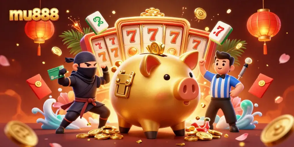 Experience the energetic world of mu888 with a golden piggy bank sumo wrestler and friends in a casino backdrop packed with lucky symbols.