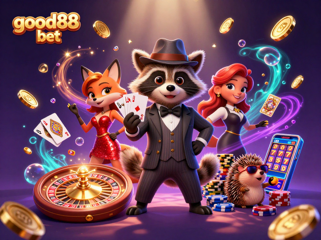 Experience the excitement of good88 bet with a suave raccoon and charming fox lady in a dynamic casino scene.