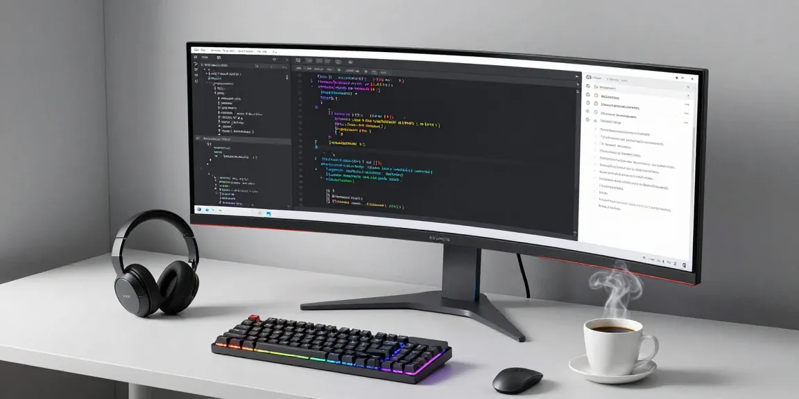 MB66: Modern software development workspace showcasing innovative tech, including monitors and coding tools, enhancing productivity.