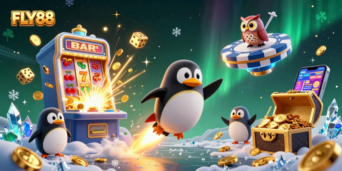 Discover the vibrant casino world of FLY88 with a golden penguin rocket and jackpot explosions!