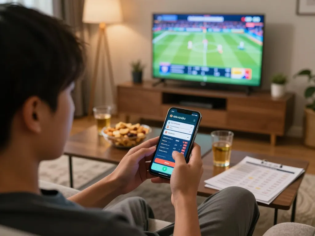 Engaging in kèo nhà cái 5 betting while relaxing at home with smartphone and sports highlights.