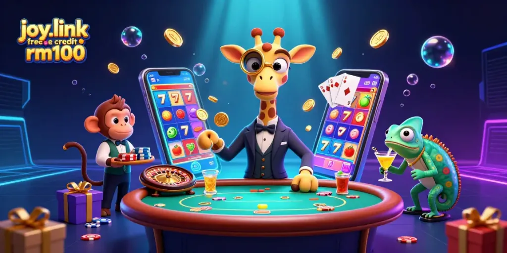 Win big with joy.link free credit rm100 featuring a vibrant casino scene with animated slots and rich game elements.