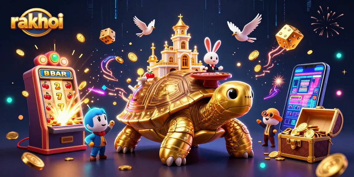 Experience rakhoi's thrilling casino action with a giant tortoise, vibrant slot machines, and dynamic game elements.