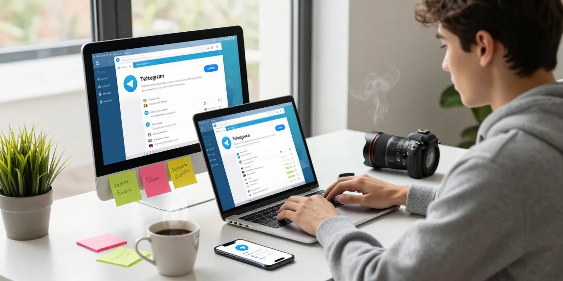 Engaged professional using Telegram网页版 in a modern digital workspace with laptop and smartphone.