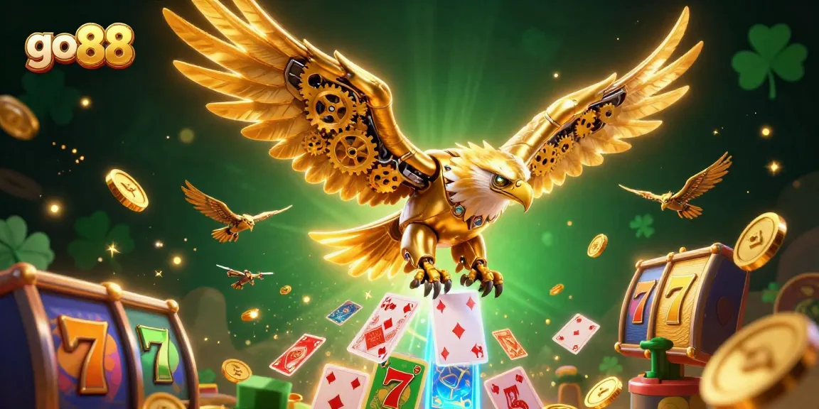 Experience winning at go 88 with a cybernetic eagle amidst vibrant gaming elements.