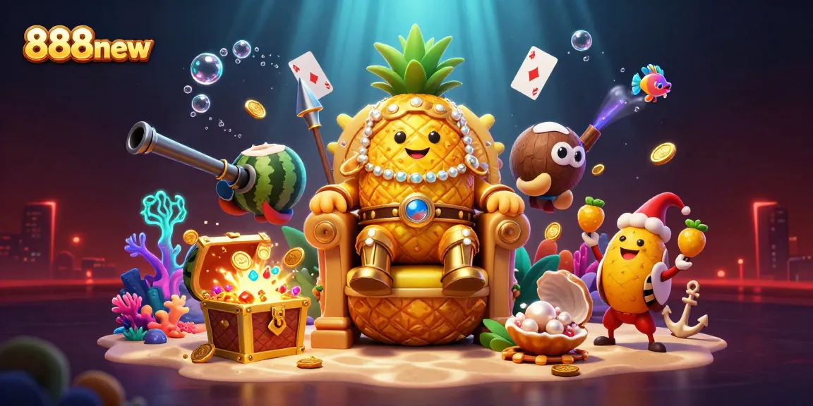 Experience the thrill at 888new with a vibrant 3D casino illustration featuring a pineapple king, lively jester, and treasure-filled underwater scene.