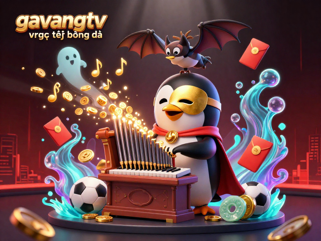 Experience gavangtv trực tiếp bóng đá as the penguin plays against a backdrop of sports elements and golden coins.