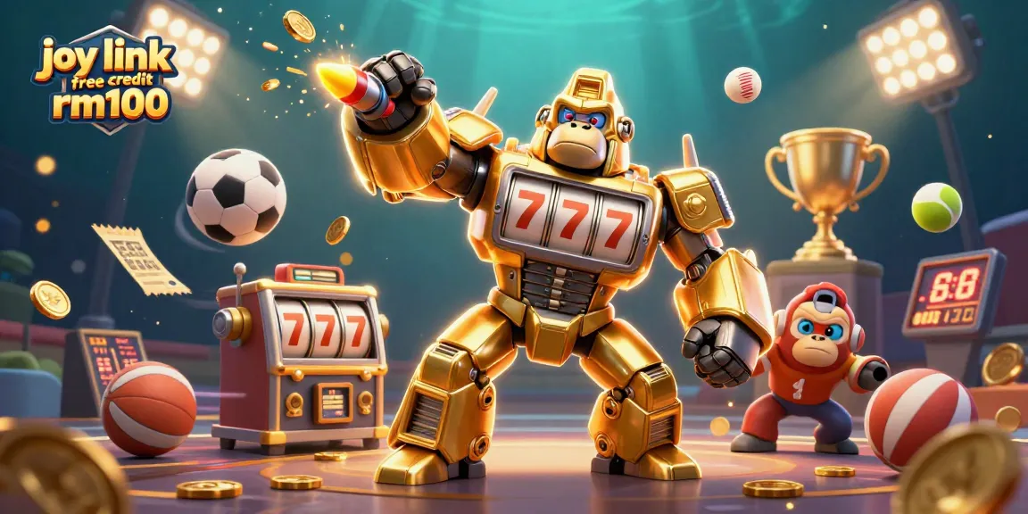 Join the excitement with joy link free credit rm100, featuring a golden gorilla mech and dynamic sports elements.