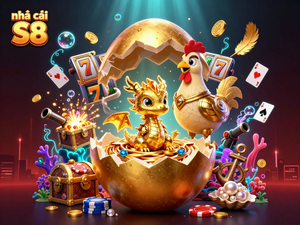 Capture exciting gameplay at nhà cái S8 with the golden dragon and treasure-themed casino illustration.