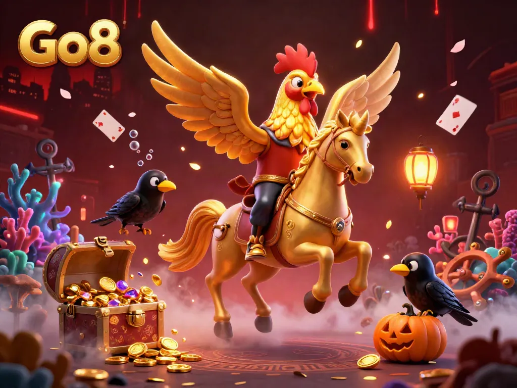Experience the excitement of Go8 in a vibrant casino scene with a golden rooster and magical companions.
