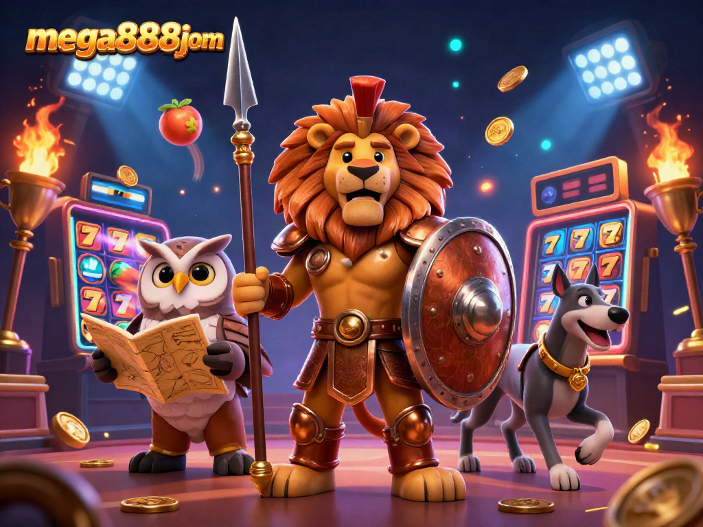 Engage with mega888jom's thrilling slot gaming experience featuring vibrant characters and spinning reels.