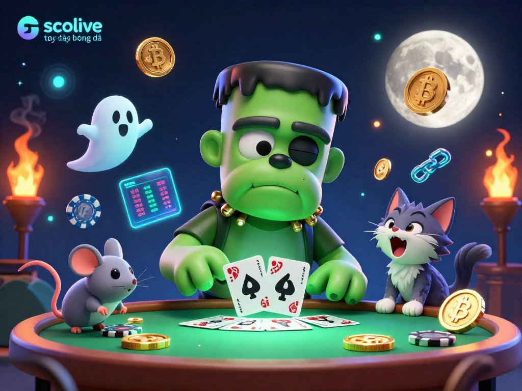 Socolive trực tiếp bóng đá showcases a lively gambling scene with cartoon characters and neon crypto elements.