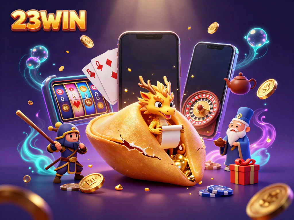 23WIN's vibrant online gaming illustration showcases excitement and fortune with golden elements.