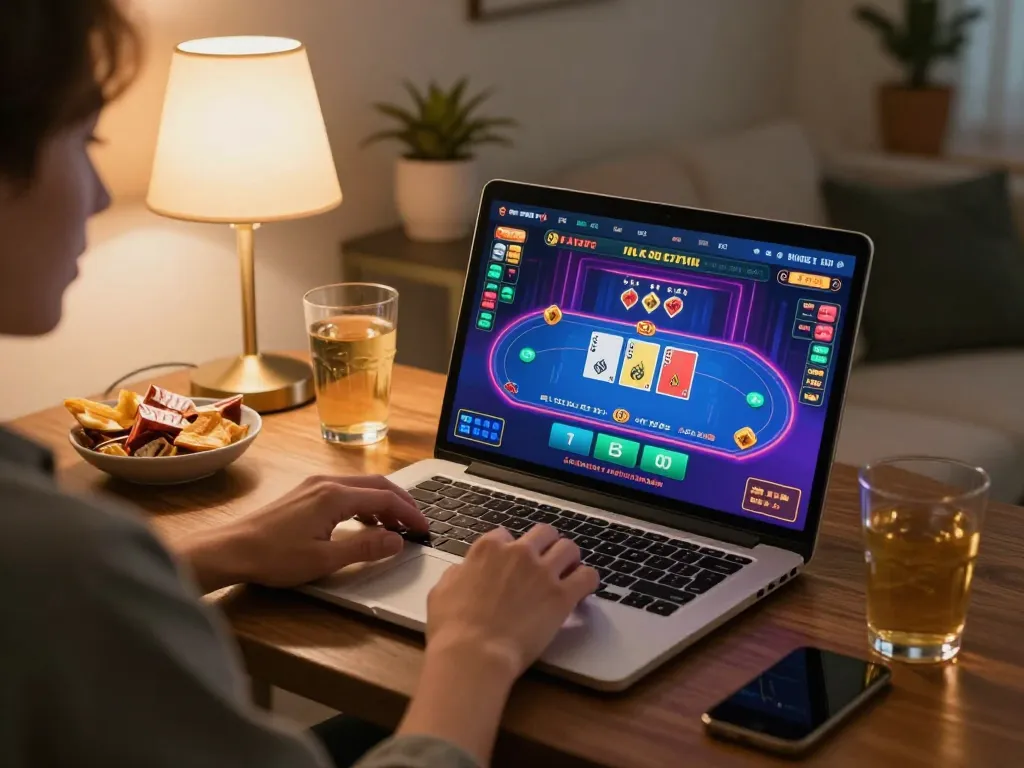 Engaging in online gaming at Nhà cái mv66 with dynamic gameplay on screen, showcasing a cozy home setup.