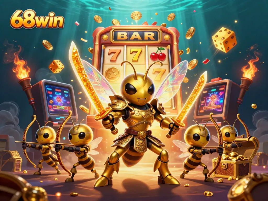 Experience thrilling gameplay with 68win at a vibrant casino featuring a hornet warrior and slot machine excitement.