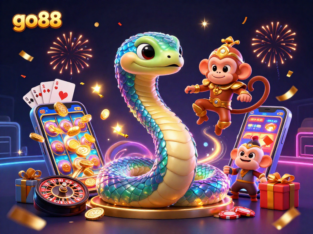 Experience go88's vibrant casino adventure with a rainbow serpent, monkey king, and epic game elements.