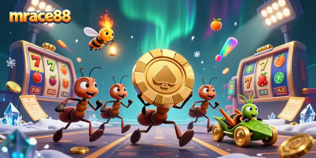 Enjoy exciting adventures with mrace88 as cartoon ants rob a casino heist in vibrant digital art.