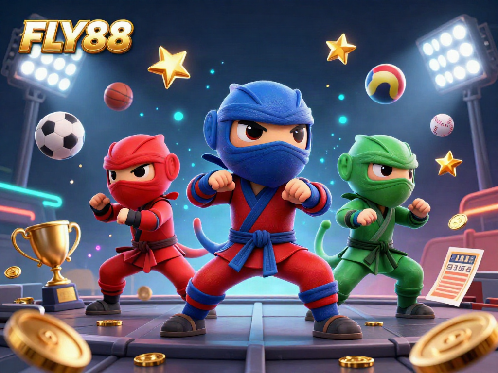 Engage with FLY88's thrilling environment as ninja chameleons showcase their skills amidst exciting sports elements.