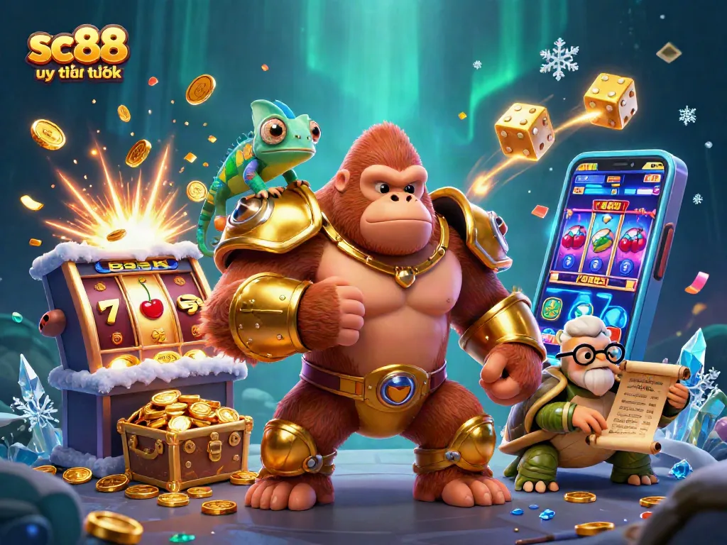 Spin the reels at sc88 uy tín không, featuring a dynamic 3D scene with iconic gambling elements.