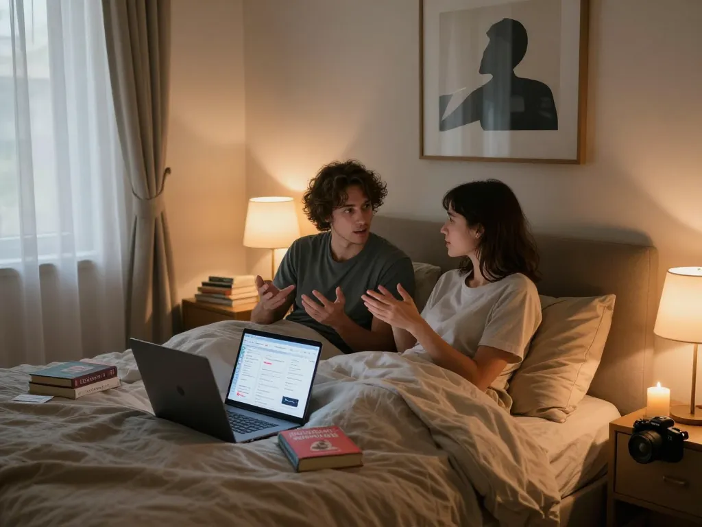 Couple exploring ai sex technology in an intimate bedroom setting, discussing personal experiences.