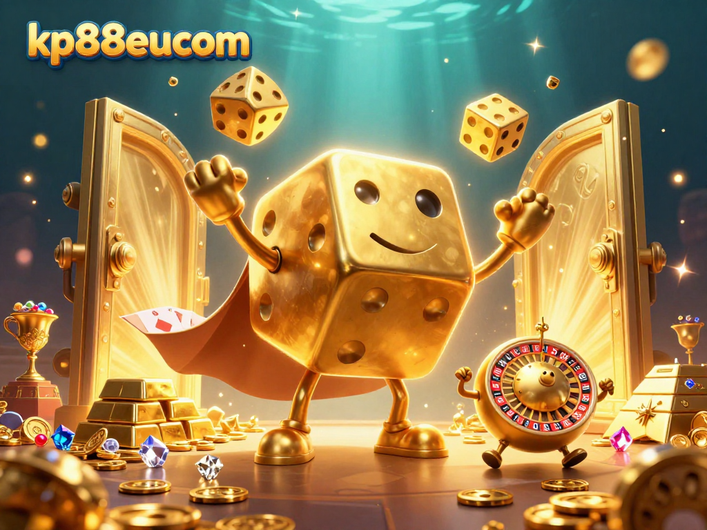 Engage in vibrant gameplay with kp88eucom's 3D casino illustration featuring golden treasures and dynamic characters.