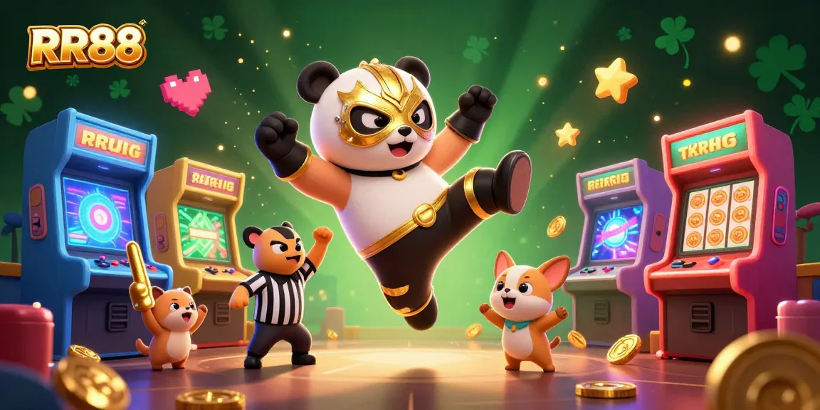 RR88 features a dynamic casino scene with a wrestler panda and animal spectators enjoying slot reels.