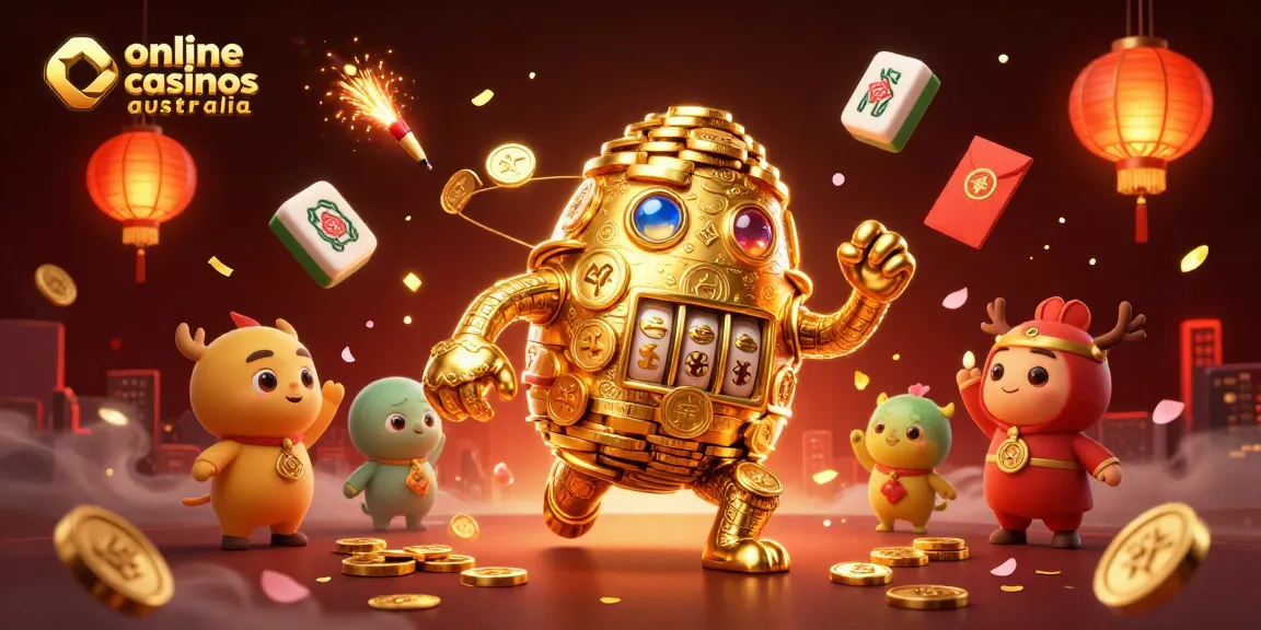 Engage with online casinos australia through vibrant 3D scenes filled with golden golem and festive elements.
