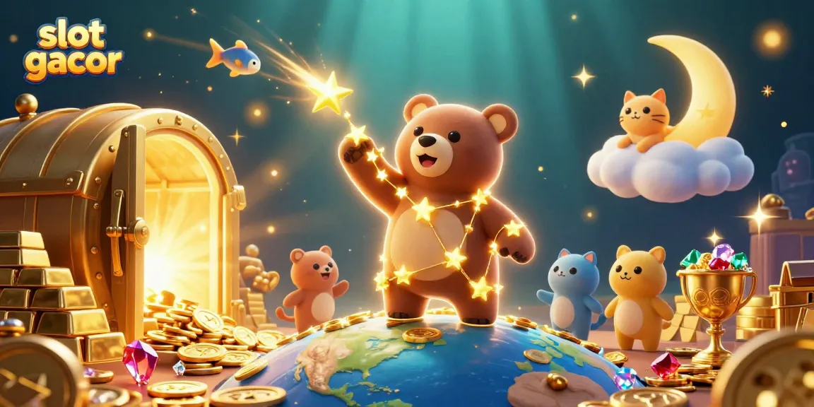 Experience the excitement of slot gacor with golden treasures and animated characters in a vibrant casino-themed illustration.