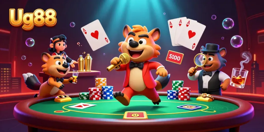 Hyenas create a lively comedy casino scene at Ug88, showcasing gambling excitement and humor.