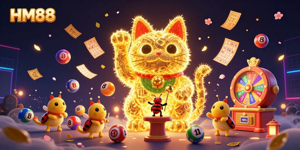 Experience thrilling HM88 casino action with a playful giant lucky cat and vibrant lottery elements.