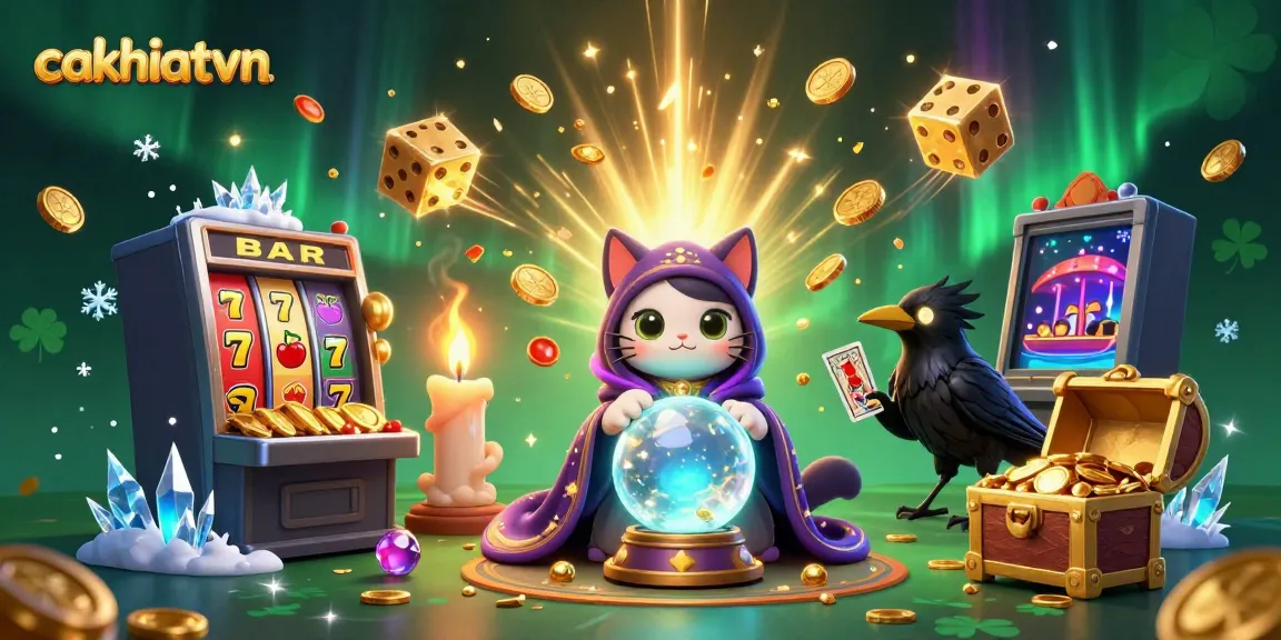 Experience thrilling moments at cakhiatvvn with a captivating 3D fantasy scene featuring a mystic cat, a raven, and explosive gaming elements.