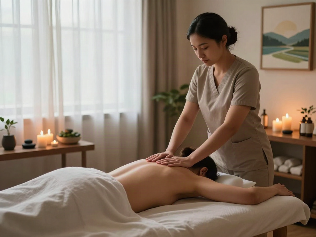 Invoke relaxation with 인덕원출장안마 in a soothing therapy room showcasing a massage in progress.