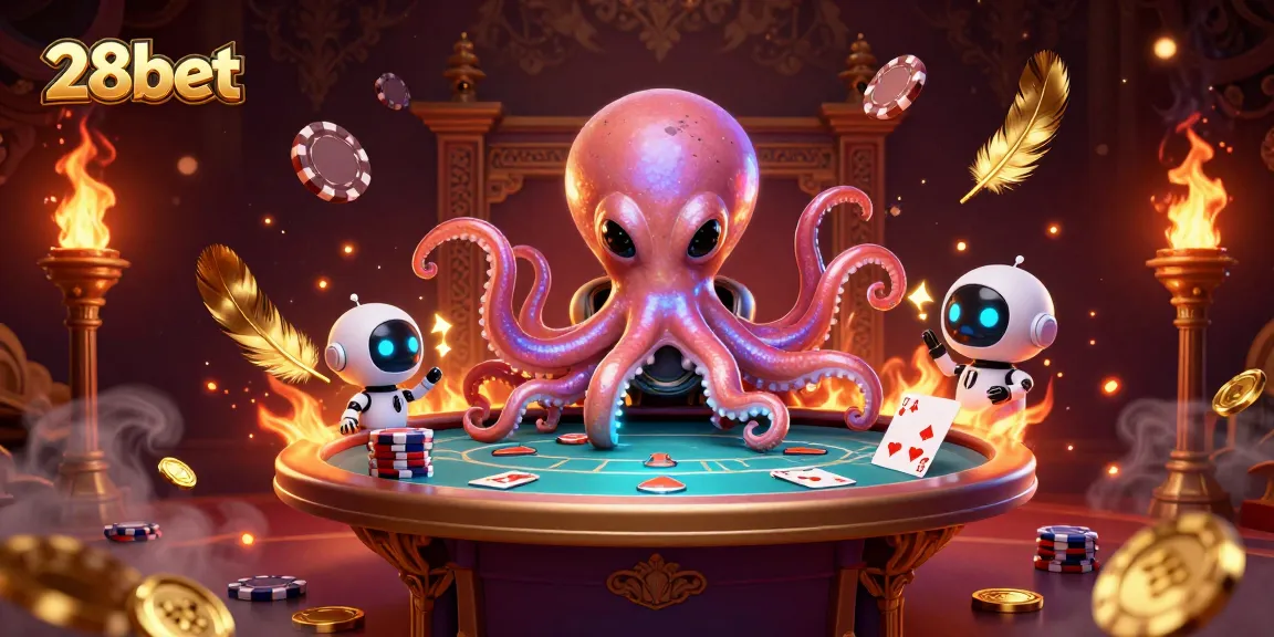 Engage with 28bet's immersive casino experience featuring an alien octopus and poker action.