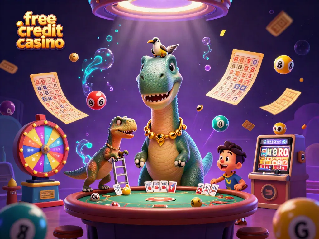 Experience the excitement of free credit casino gaming with a whimsical scene featuring a towering brontosaurus