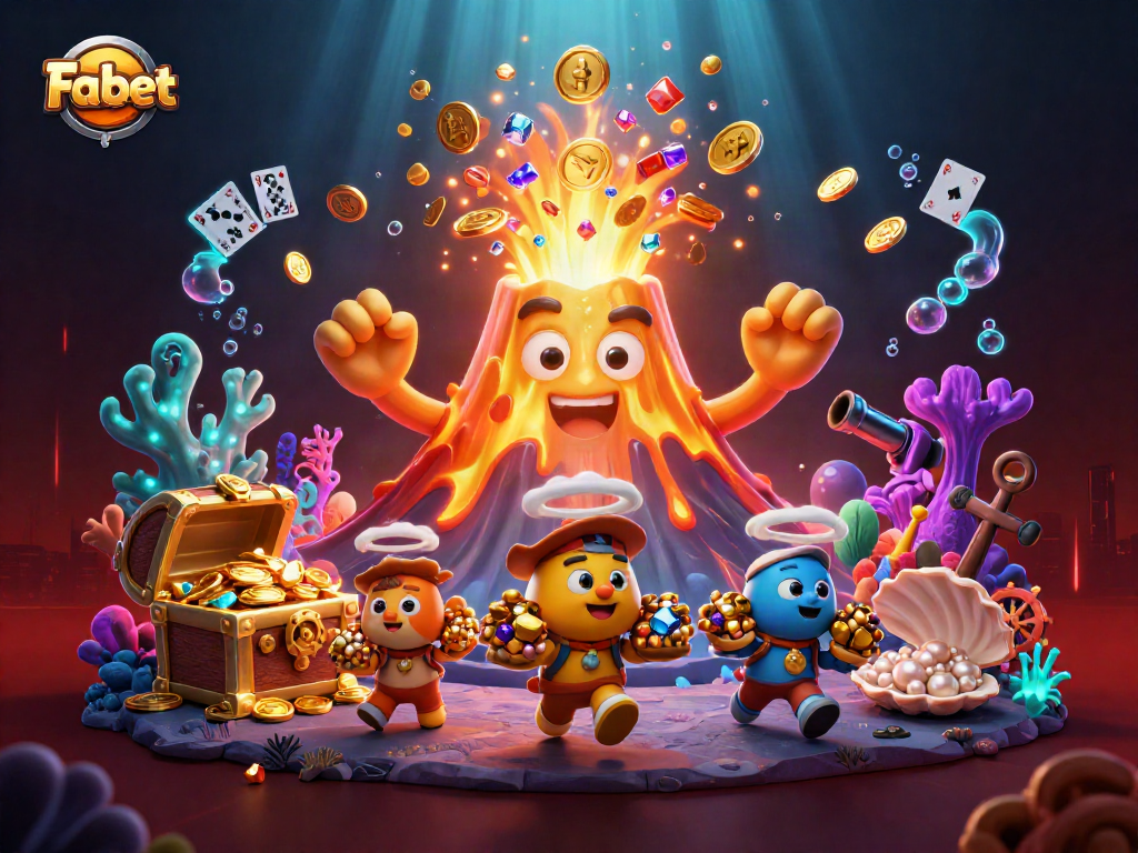 Experience thrilling moments with Fabet as a golden volcano erupts treasure in an exciting casino world.