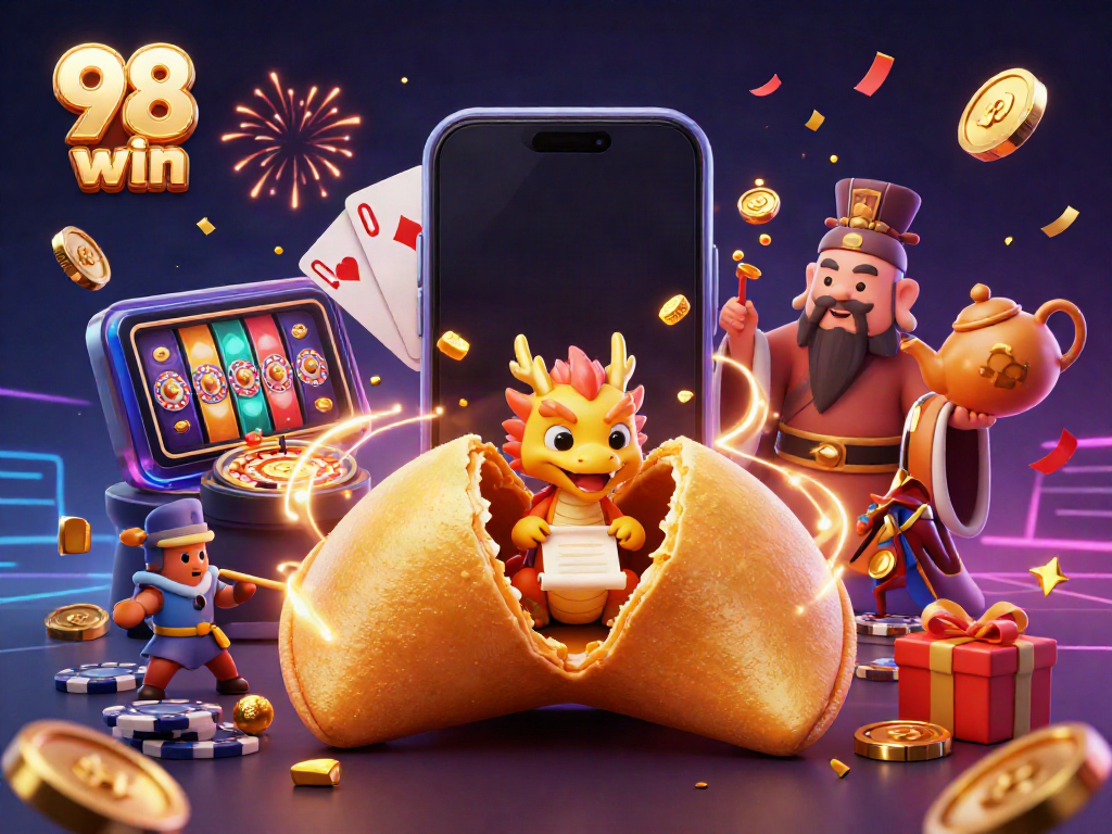 Engage with thrilling 98 win adventures featuring a golden fortune cookie and dynamic casino elements.