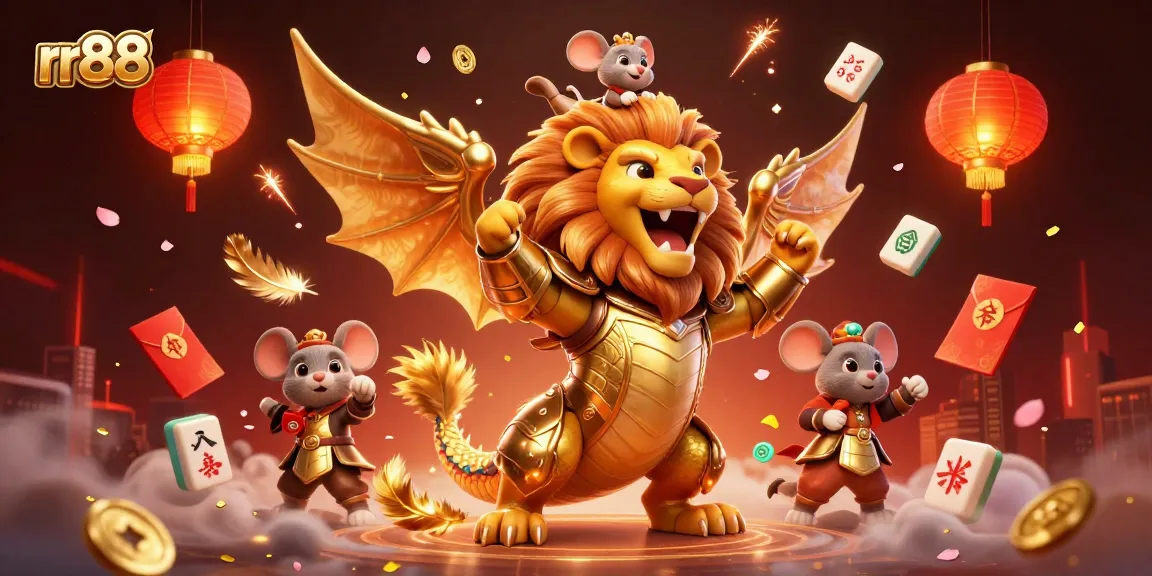 Engage with rr88's dynamic casino experience featuring a roaring chimera and vibrant game elements.