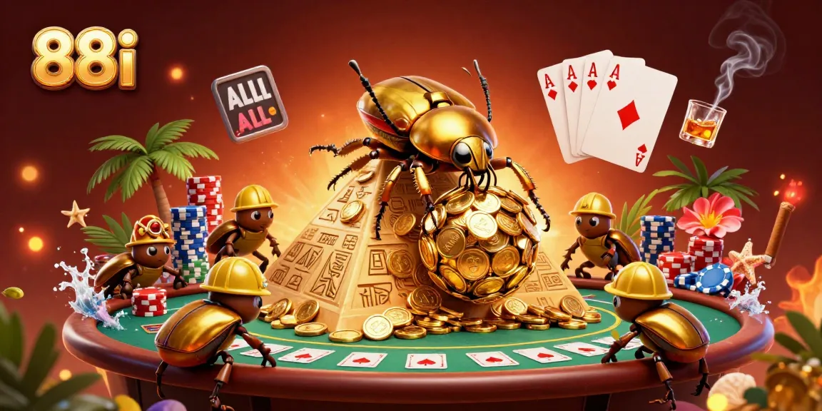 The golden beetle rolls a massive coin ball at 88i's expansive casino backdrop, symbolizing limitless gaming.