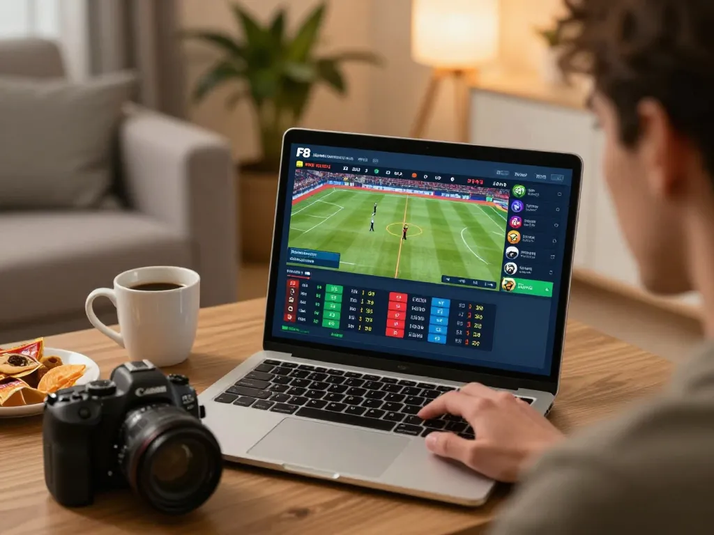 Player engaging with F8 bet platform while placing sports bets from home in a cozy setting.