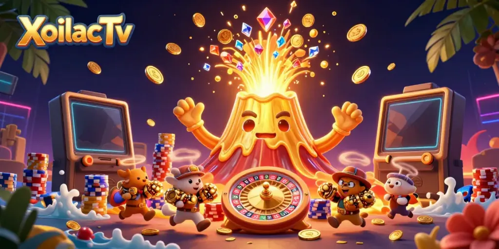 Experience winning excitement with XoilacTv featuring a golden volcano and cascading treasures in a vibrant casino scene.