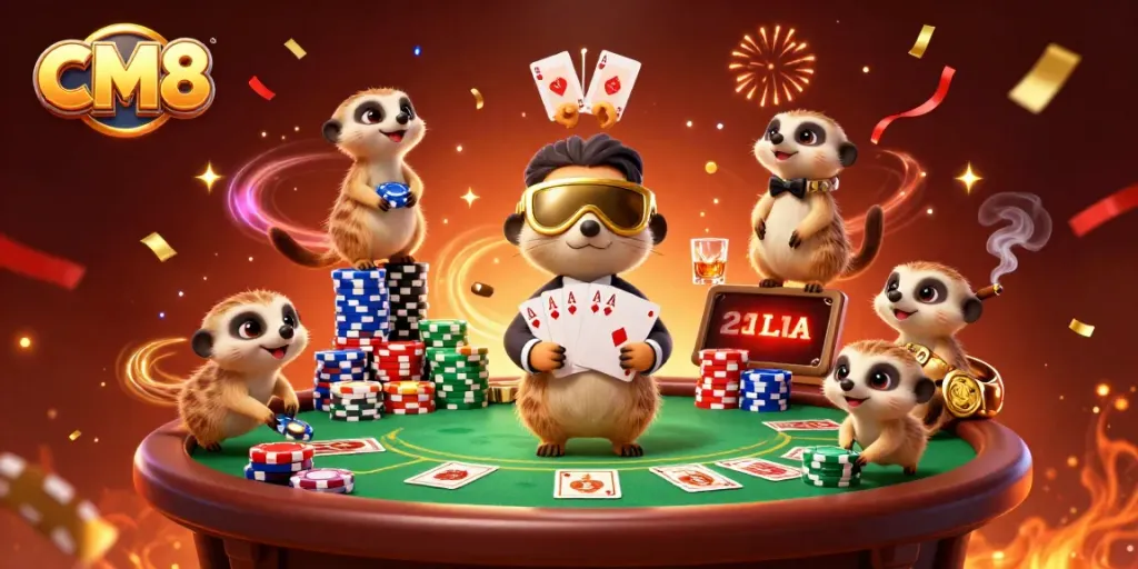 Engage in thrilling gaming at CM8 with meerkats managing a casino action-packed scene.