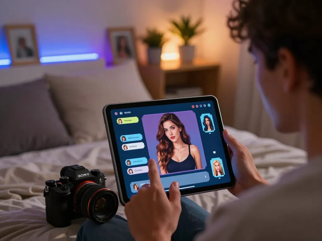 Engaging 18+ ai interaction with virtual girlfriend on tablet in cozy room.