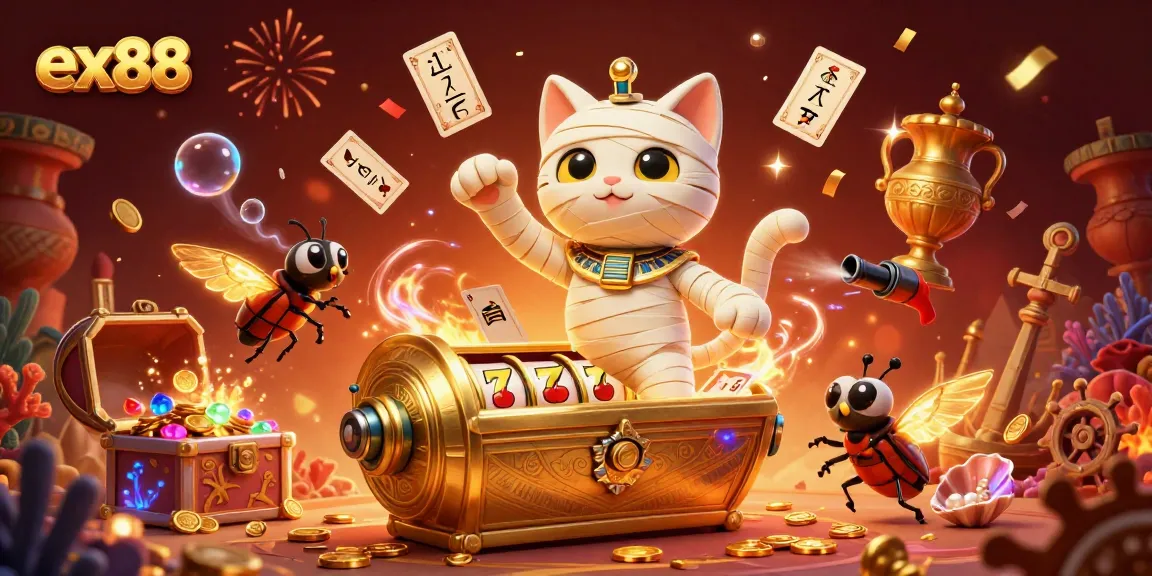 Experience the thrilling adventures of ex88 with an Egyptian mummy cat and golden gaming treasures.