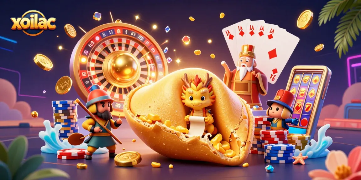 Xoilac brings exciting casino vibes with a vibrant fantasy scene of a golden cookie dragon and treasure elements.